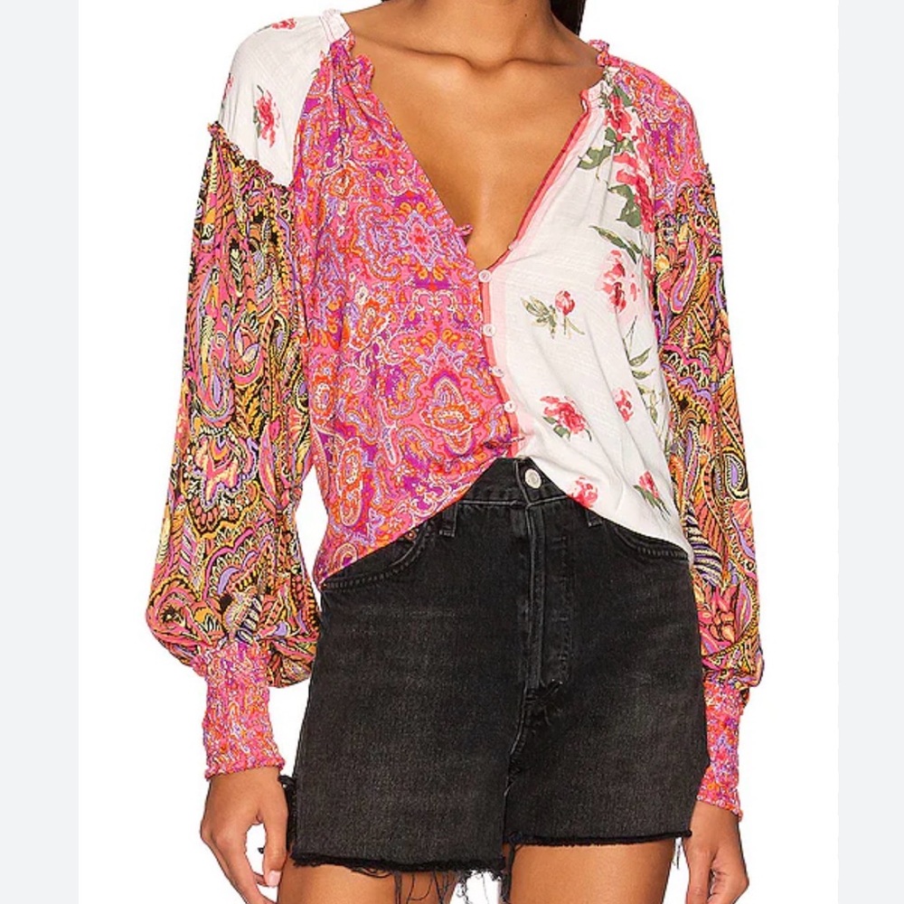 Free People Boho Gemini Blouse Pink Foral Vintage combo size medium